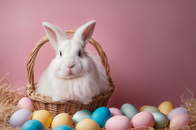 Conejo de Pascua con huevos de Pascua pintados en una canasta