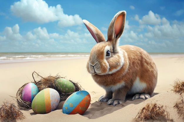 Conejo de Pascua con huevos de Pascua en la playa