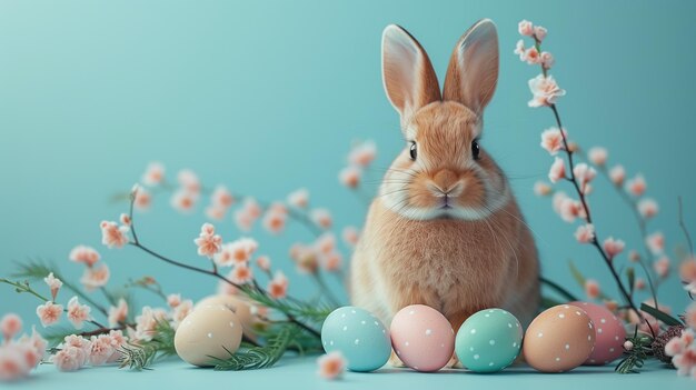 Conejo de Pascua con huevos de Pascua y sauce en un fondo simple pastel