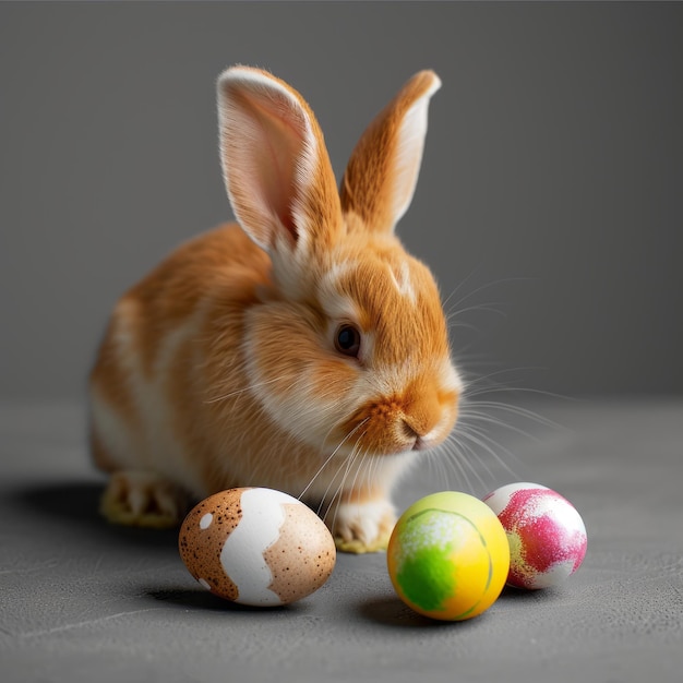 Conejo de Pascua con huevos sobre un fondo gris