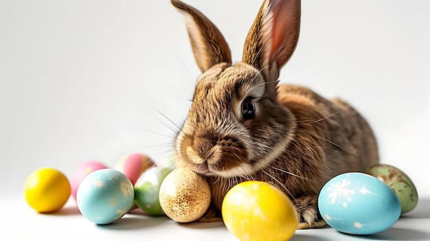 Conejo de Pascua marrón con huevos en el fondo gris claro