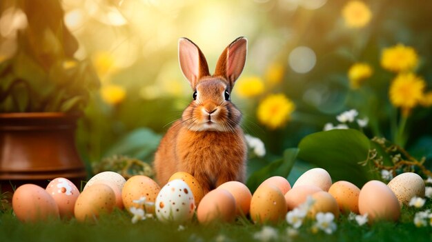 Conejo de Pascua y muchos huevos de Pascua Foco selectivo Vacaciones