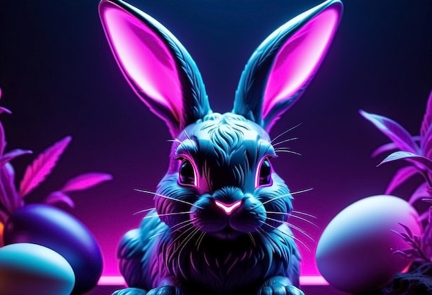 Conejo de Pascua Neopunk Concepto de Pascua Feliz Neón púrpura elegante generado por la IA