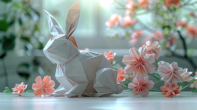 El conejo de Pascua de origami da la bienvenida a las manantiales de flores coloridas