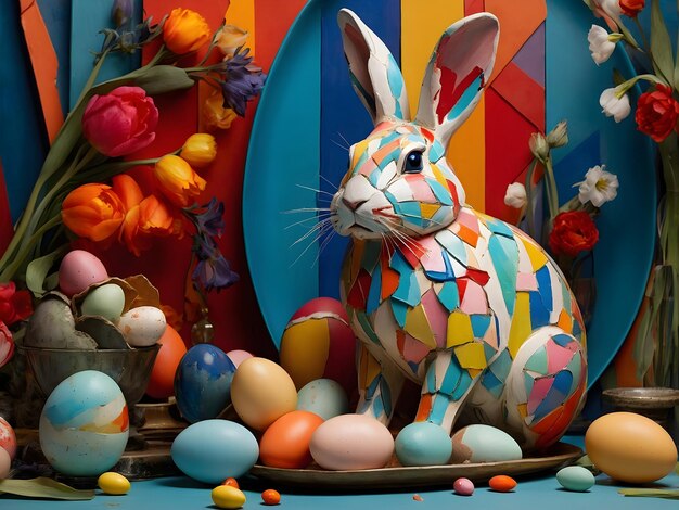 Foto el conejo de pascua pintó huevos para las vacaciones.