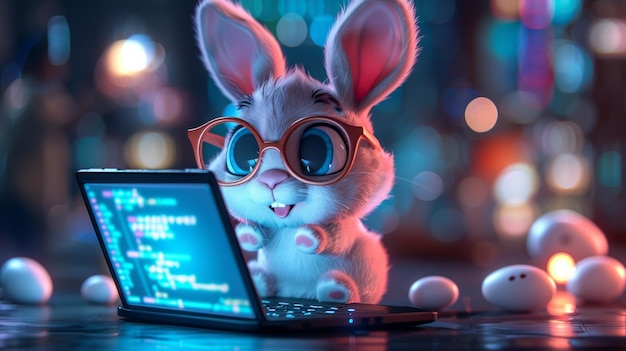 Foto el conejo de pascua programador en una computadora portátil codificando una fusión caprichosa de tecnología y espíritu navideño ai generative
