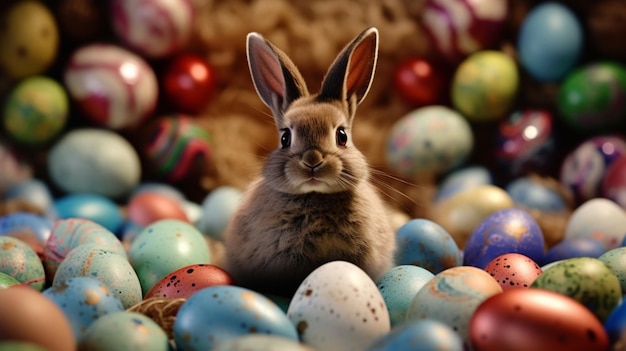 Conejo de Pascua rodeado de huevos de Pascua bellamente decorados IA generativa