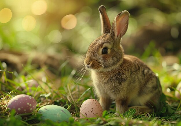 El conejo de Pascua sentado con huevos de Pascua en un prado verde de primavera con flores de margarita