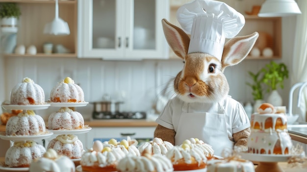 El conejo de Pascua en un sombrero de chef blanco y un delantal blanco está en la mesa de la cocina con pasteles de Pascua