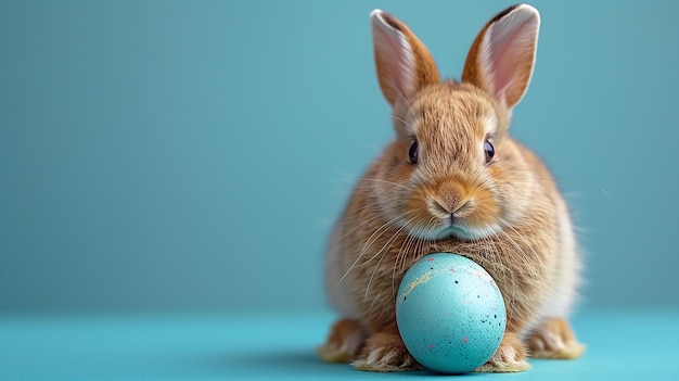 Conejo de Pascua en un telón de fondo azul sosteniendo un huevo pintado en azul Generativo Ai