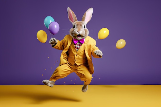 El conejo de Pascua en traje amarillo saltando con globos de colores