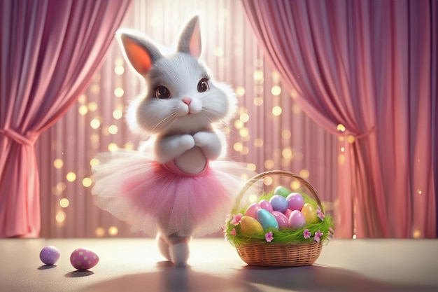 Conejo de Pascua vestido de bailarina junto a una canasta de huevos