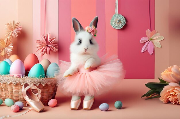 Conejo de Pascua vestido de bailarina junto a una canasta de huevos