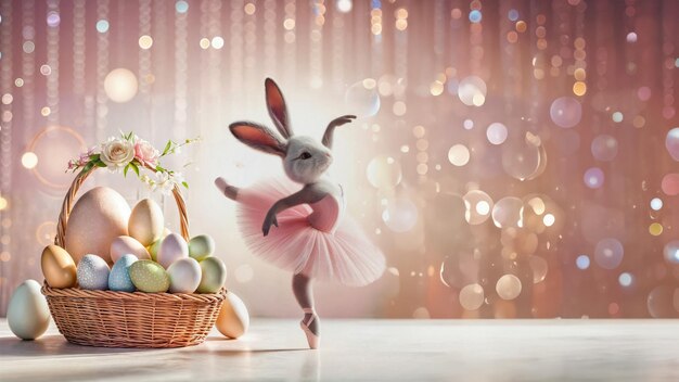 Foto conejo de pascua vestido de bailarina junto a una canasta de huevos