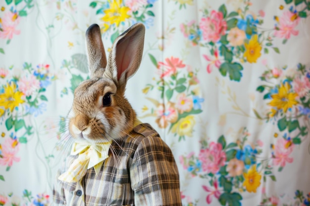 Foto conejo de pascua vestido con un disfraz sobre un fondo floral ia generativa
