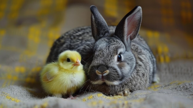 Foto un conejo y un pato están uno al lado del otro