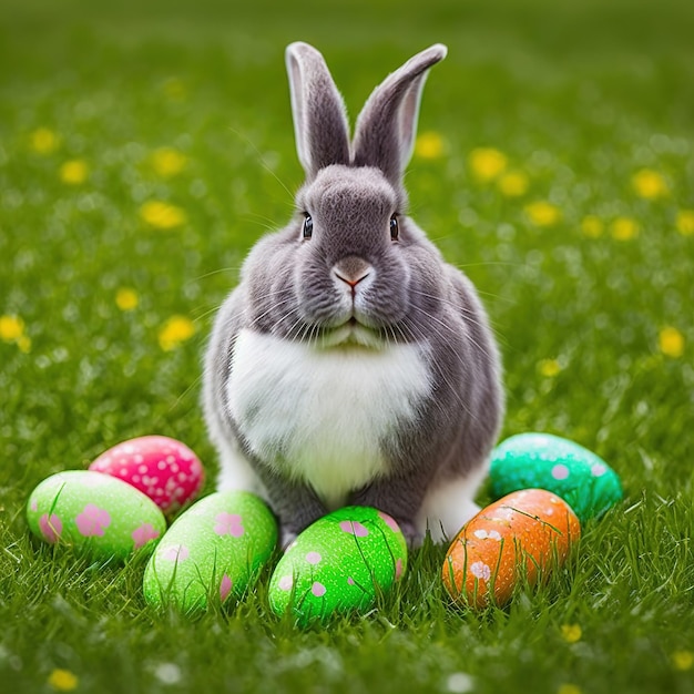 Conejo peludo tranquilo sentado sobre hierba verde con huevos de Pascua