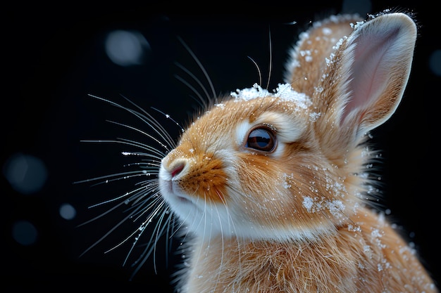 Un conejo pequeño cubierto de nieve sobre un fondo negro