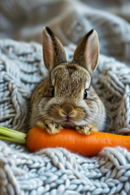 Foto un conejo pequeño sosteniendo una zanahoria delante de un suéter.