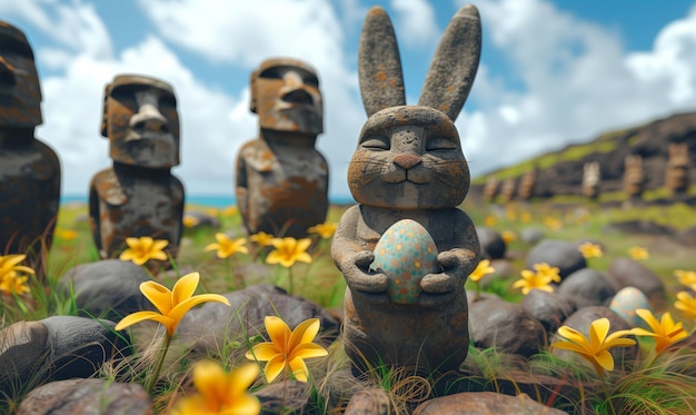 Conejo de piedra Moai sosteniendo huevo de Pascua en la isla de Pascua Rapa Nui con estatuas de Moai en el fondo