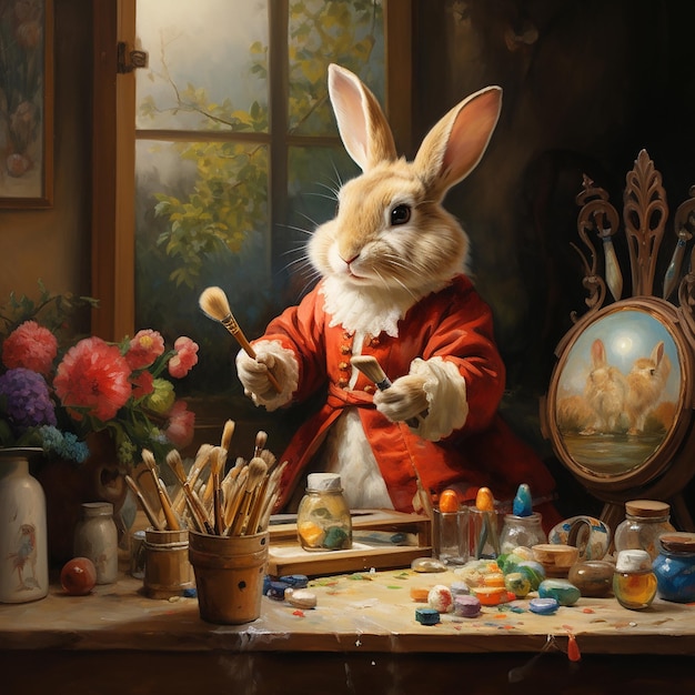 Conejo pintando huevos de Pascua con un pincel