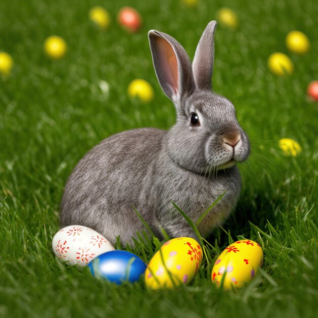 Un conejo plateado peludo y tranquilo sentado en la hierba verde con huevos de pascua