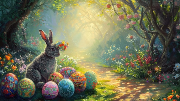 Un conejo posado en un montón de huevos de Pascua en medio de un jardín