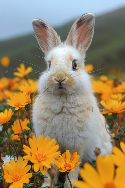 Conejo de primavera en un campo con flores olfata una flor verde prado flores amarillas y soleado día de primavera Pascua