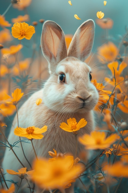 Conejo de primavera en un campo con flores olfata una flor verde prado flores amarillas y soleado día de primavera Pascua