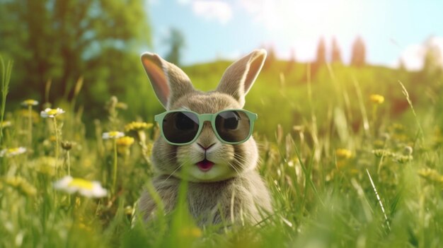Conejo primaveral con gafas de sol en un prado con hierba verde IA generativa