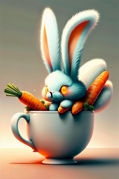 Foto el conejo que se coloca en la taza ama las zanahorias fondo de papel tapiz de diseño de mini conejo creativo