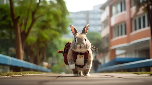 Un conejo que lleva una mochila camina por una calle.