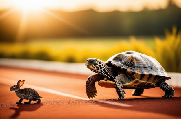 conejo rápido contra tortuga lenta al aire libre en la pista de carreras ilustración de cuento