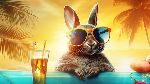 un conejo relajado se toma un descanso de su horario de saltos para disfrutar de un tiempo libre bañado por el sol. Vestido con elegantes gafas de sol y reclinado sobre una vibrante toalla de playa con una refrescante bebida tropical