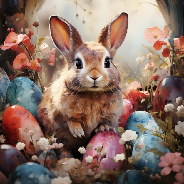 Un conejo rodeado de coloridos huevos de Pascua en un entorno natural