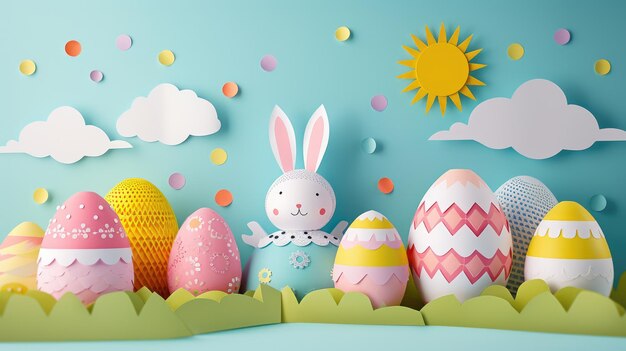 Un conejo rodeado de huevos de Pascua en una dulce ilustración