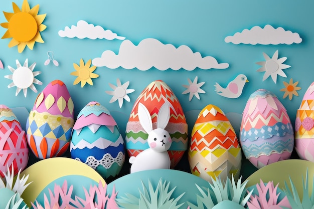 Un conejo rodeado de huevos de Pascua en una dulce ilustración