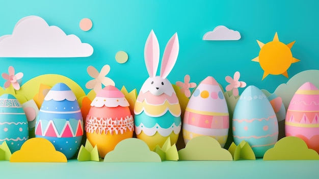 Un conejo rodeado de huevos de Pascua en una dulce ilustración