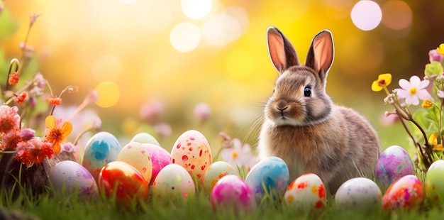 Un conejo rodeado de huevos de Pascua en un prado de flores