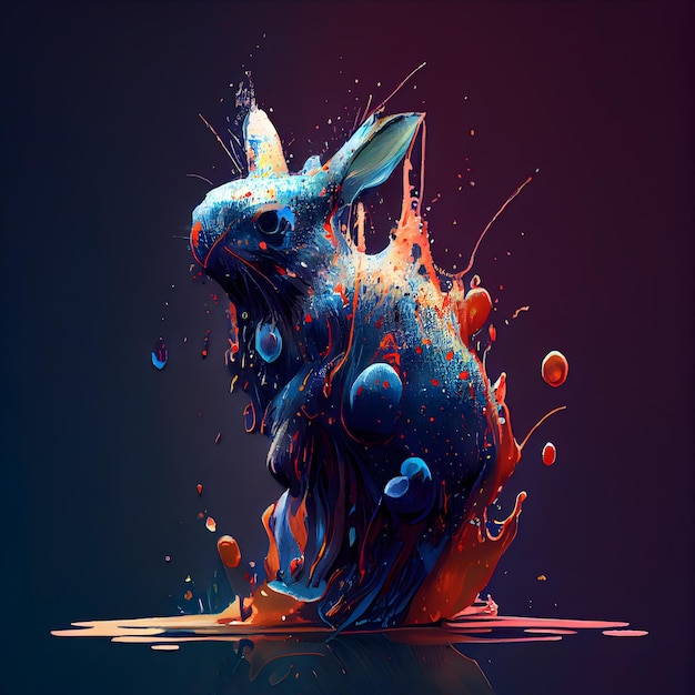 Conejo con salpicaduras de pintura sobre fondo oscuro renderizado 3d