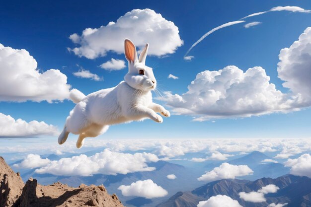 Un conejo saltando de nube en nube por encima de la tierra