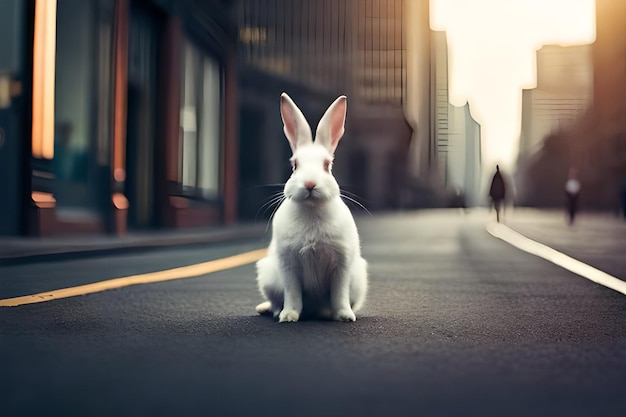 un conejo sentado en la calle con el sol detrás de él.