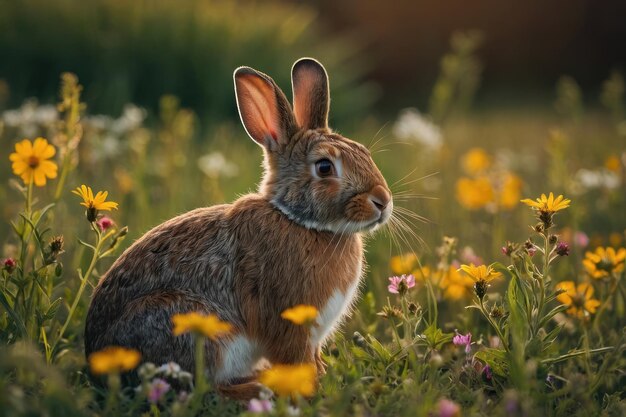 Un conejo sentado en un campo de flores silvestres tomando el sol caliente
