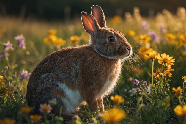 Un conejo sentado en un campo de flores silvestres tomando el sol caliente