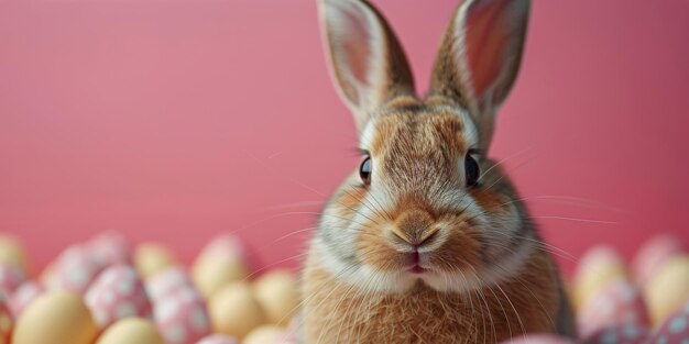 Un conejo sentado en un campo de huevos de colores