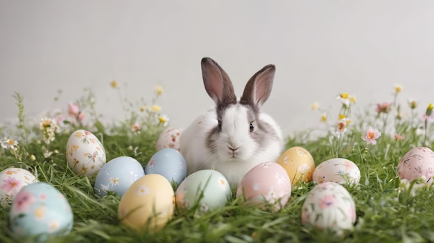 Un conejo sentado cerca de los huevos en la hierba