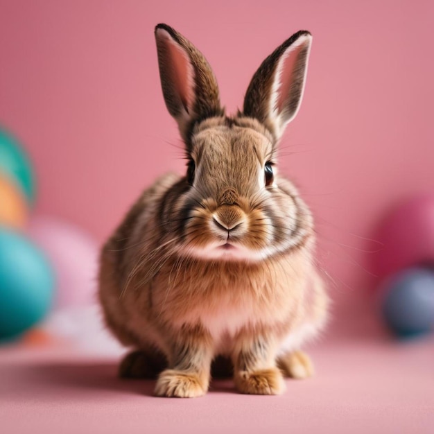 Un conejo sentado frente a un fondo rosa