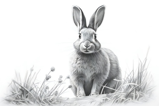 Conejo sentado en la hierba Pintura digital sobre fondo blanco