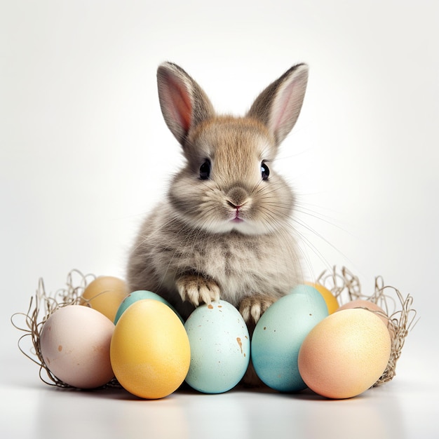 conejo sentado en huevos de pascua