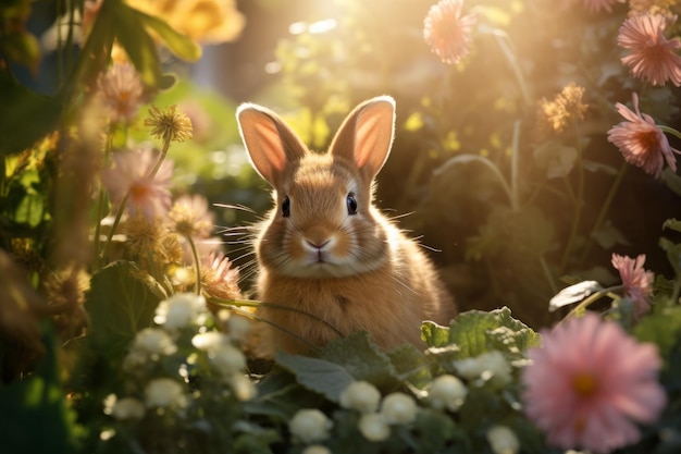 un conejo sentado en un jardín con plantas